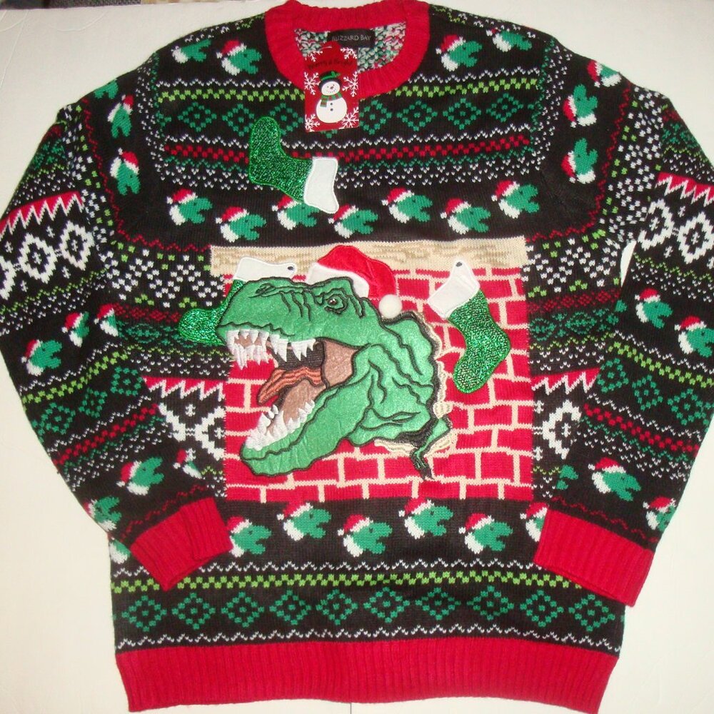 New Blizzard Bay Holiday Christmas Men's Ugly Sweater Roaring Dinosaur Size M